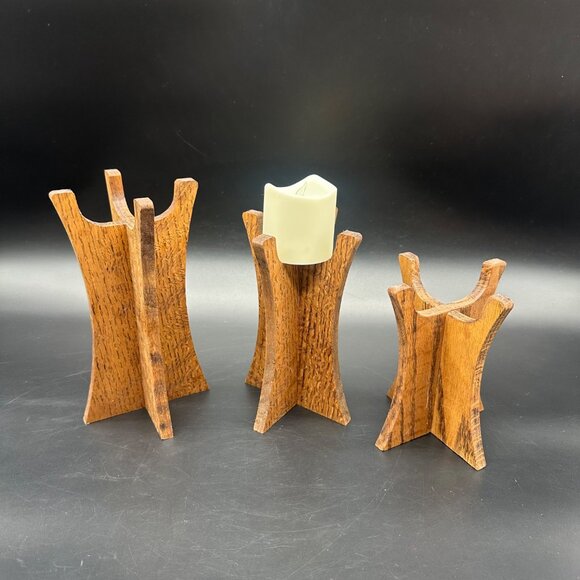Vintage Mid Century Modern Wooden Candle Holder Display Stands Retro Set of 3 - Picture 10 of 12